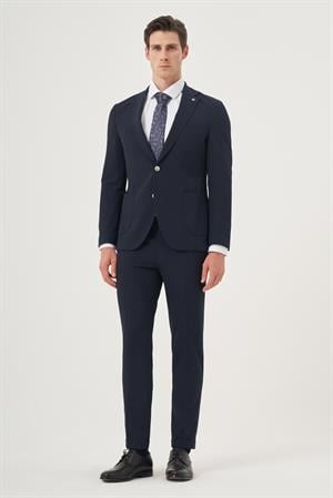 Morven Erkek Lacivert Poliviskon Trend Çizgili Slim Fit Mono Yaka Takım Elbise