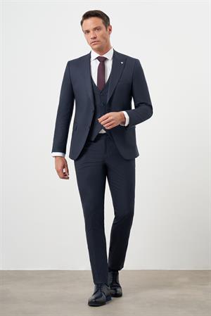 Morven Erkek Lacivert Poliviskon Trend Yelekli Çizgili Desen Slim Fit  Sivri Yaka Takım Elbise