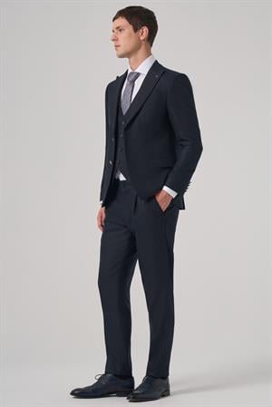 Morven Erkek Lacivert Poliviskon Trend Çizgili Slim Fit Sivri Yaka Yelekli Takım Elbise