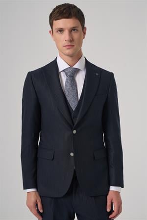 Morven Erkek Lacivert Poliviskon Trend Çizgili Slim Fit Sivri Yaka Yelekli Takım Elbise