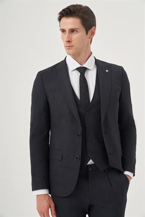 Morven Erkek Lacivert Poliviskon Trend Desenli Slim Fit Sivri Yaka Yelekli Takım Elbise