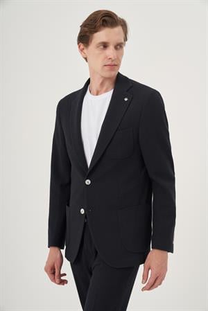 Morven Erkek Lacivert Poliviskon Trend Çizgili Slim Fit Mono Yaka Takım Elbise