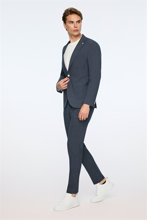 Morven Erkek Lacivert Poliviskon Trend Çizgili Slim Fit Mono Yaka Takım Elbise