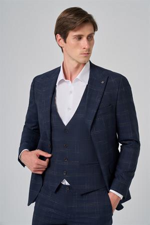 Morven Erkek Lacivert Poliviskon Trend Yelekli Ekoseli Slim Fit Sivri Yaka Takım Elbise