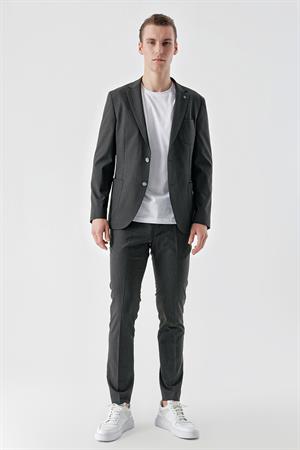 Morven Erkek Lacivert Poliviskon Trend Çizgili Desen Slim Fit Mono Yaka Takım Elbise