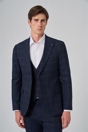 Morven Erkek Lacivert Poliviskon Trend Yelekli Ekoseli Slim Fit Sivri Yaka Takım Elbise