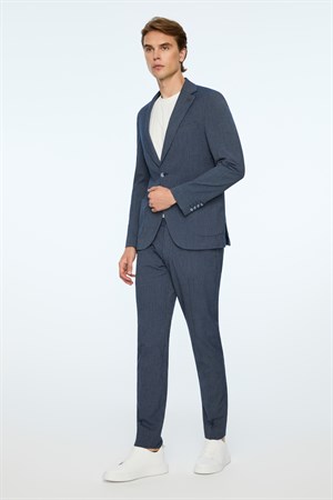 Morven Erkek Lacivert Poliviskon Trend Çizgili Slim Fit Mono Yaka Takım Elbise