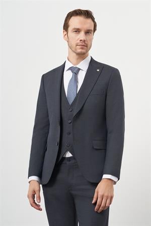 Morven Erkek Lacivert Poliviskon Trend Yelekli Desenli Slim Fit Sivri Yaka Takım Elbise