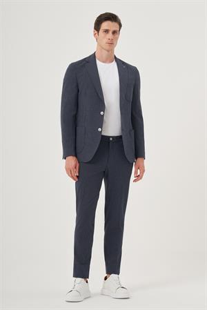 Morven Erkek Lacivert Poliviskon Trend Çizgili Slim Fit Mono Yaka Takım Elbise