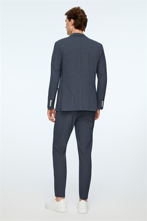 Morven Erkek Lacivert Poliviskon Trend Çizgili Slim Fit Mono Yaka Takım Elbise