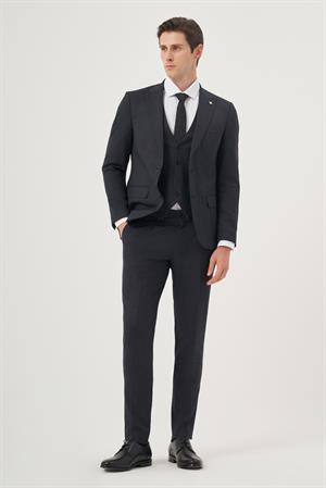 Morven Erkek Lacivert Poliviskon Trend Desenli Slim Fit Sivri Yaka Yelekli Takım Elbise