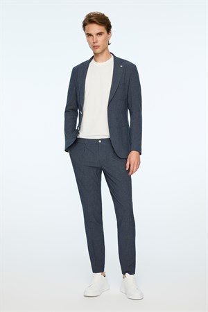 Morven Erkek Lacivert Poliviskon Trend Çizgili Slim Fit Mono Yaka Takım Elbise