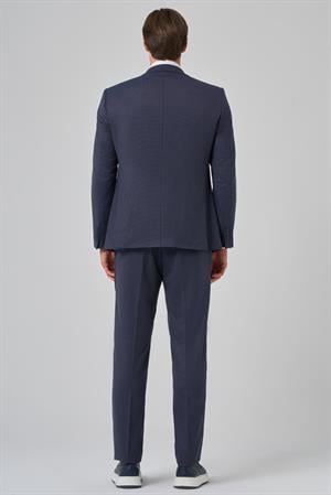 Morven Erkek Lacivert Poliviskon Yelekli Trend Desenli Slim Fit Sivri Yaka Takım Elbise