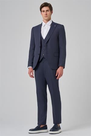 Morven Erkek Lacivert Poliviskon Yelekli Trend Desenli Slim Fit Sivri Yaka Takım Elbise