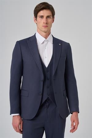 Morven Erkek Lacivert Poliviskon Yelekli Trend Desenli Slim Fit Sivri Yaka Takım Elbise