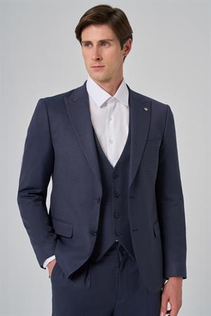 Morven Erkek Lacivert Poliviskon Yelekli Trend Desenli Slim Fit Sivri Yaka Takım Elbise