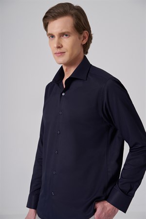 Morven Erkek Lacivert Polyester Trend Slim Fit Tam İtalyan Yaka Gömlek