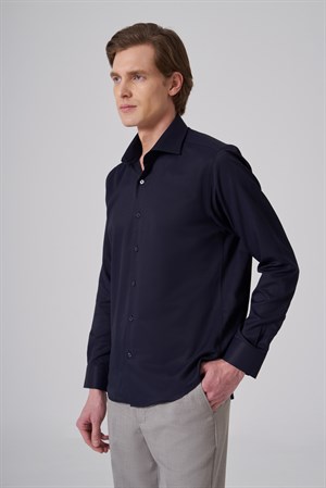 Morven Erkek Lacivert Polyester Trend Slim Fit Tam İtalyan Yaka Gömlek