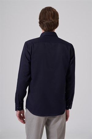 Morven Erkek Lacivert Polyester Trend Slim Fit Tam İtalyan Yaka Gömlek