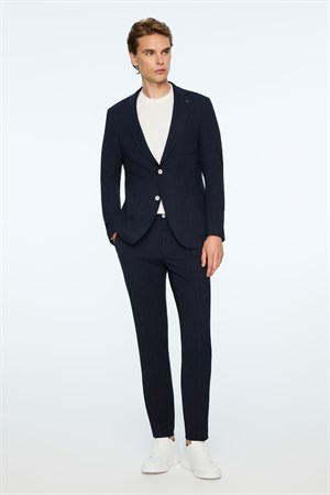 Morven Erkek Lacivert Polyester Trend Gofre Slim Fit Mono Yaka Takım Elbise