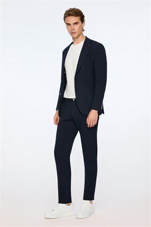 Morven Erkek Lacivert Polyester Trend Gofre Slim Fit Mono Yaka Takım Elbise