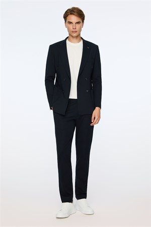 Morven Erkek Lacivert Rayon Trend Düz Slim Fit Sivri Yaka Kruvaze Takım Elbise