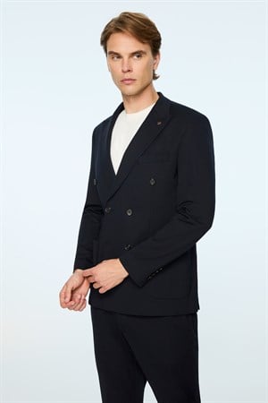 Morven Erkek Lacivert Rayon Trend Düz Slim Fit Sivri Yaka Kruvaze Takım Elbise