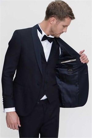 Morven Erkek Lacivert Santorin Ceremonia Jakarlı Slim Fit Dar Kesim Damatlık