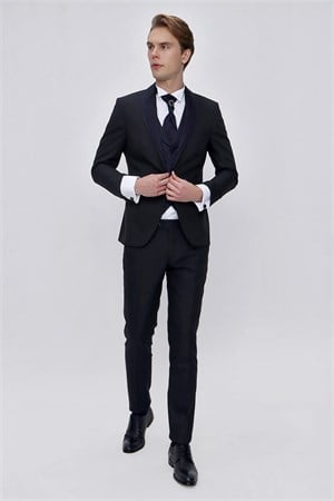 Morven Erkek Lacivert Santos Çıkma Yaka Slim Fit  Damatlık