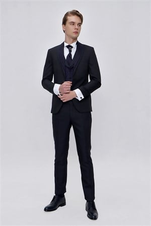 Morven Erkek Lacivert Santos Çıkma Yaka Slim Fit  Damatlık