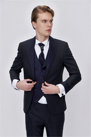 Morven Erkek Lacivert Santos Çıkma Yaka Slim Fit  Damatlık