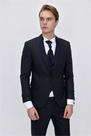 Morven Erkek Lacivert Santos Çıkma Yaka Slim Fit  Damatlık