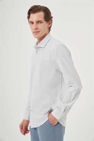 Morven Erkek Lacivert Slim Fit Çizgi Desen Sert Spor Yaka Gömlek