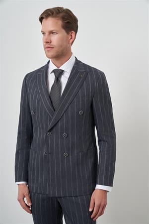 Morven Erkek Lacivert Tend Keten Kruvaze Slim  Fit Sivri Yaka Takım Elbise