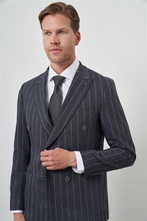 Morven Erkek Lacivert Tend Keten Kruvaze Slim  Fit Sivri Yaka Takım Elbise