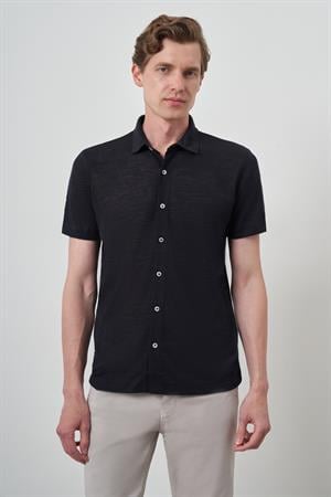 Morven Erkek Lacivert Trend Apaçi Yaka Kısa Kollu Gömlek