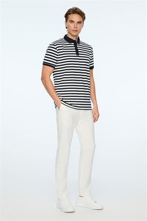 Morven Erkek Lacivert Trend Balık Sırtı Çizgili Polo Yaka Dinamik Fit Tshirt