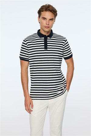 Morven Erkek Lacivert Trend Balık Sırtı Çizgili Polo Yaka Dinamik Fit Tshirt