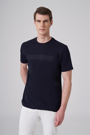 Morven Erkek Lacivert Trend Baskılı Bisiklet Yaka Dinamik Fit T-shirt