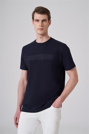 Morven Erkek Lacivert Trend Baskılı Bisiklet Yaka Dinamik Fit T-shirt