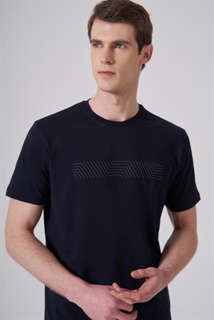 Morven Erkek Lacivert Trend Baskılı Bisiklet Yaka Dinamik Fit T-shirt