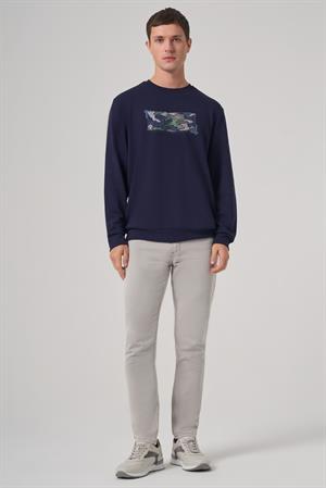 Morven Erkek Lacivert Trend Baskılı Bisiklet Yaka Sweatshirt