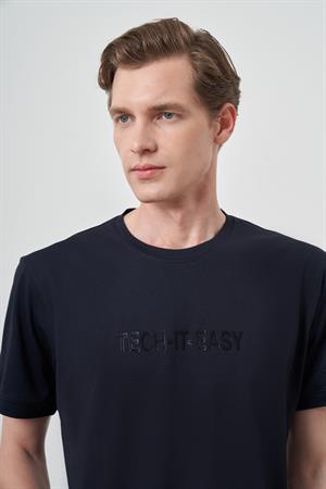 Morven Erkek Lacivert Trend Bisiklet Yaka Baskılı Tshirt