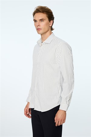 Morven Erkek Lacivert Trend Çizgili Slim Fit İtalyan Yaka Gömlek