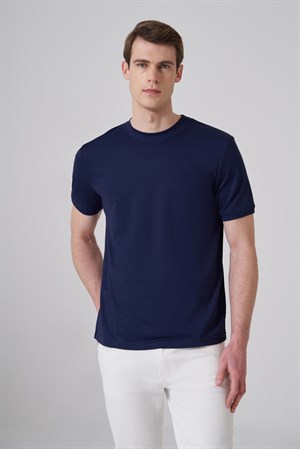 Morven Erkek Lacivert Trend Düz Penye  Bisiklet Yaka Tshirt