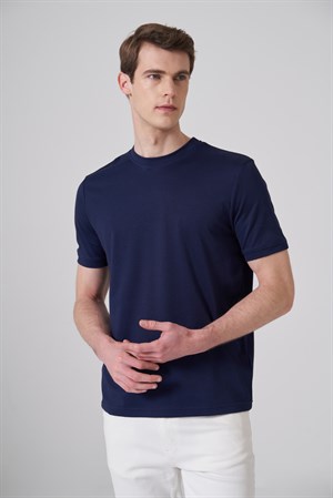 Morven Erkek Lacivert Trend Düz Penye  Bisiklet Yaka Tshirt