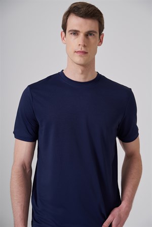 Morven Erkek Lacivert Trend Düz Penye  Bisiklet Yaka Tshirt