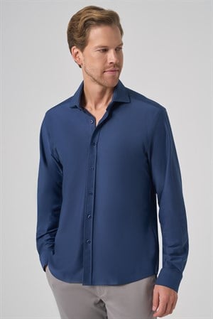 Morven Erkek Lacivert Trend Düz Slim Fit Tam İtalyan Yaka Relaxible Gömlek