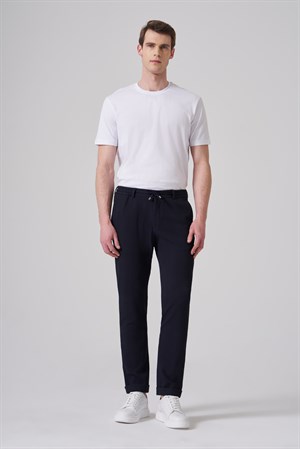Morven Erkek Lacivert Trend Ekose Lastikli İpli Slim Fit Pantolon