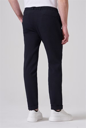 Morven Erkek Lacivert Trend Ekose Lastikli İpli Slim Fit Pantolon